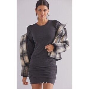 $168 Sundry X Anthropologie Ruched Mini Dress Sz 1 Sm Gray Puff 3/4 Sleeve